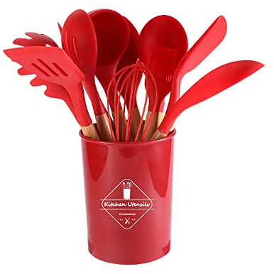 FUYTERY 11 Utensilios de cocina de silicona para cocina Juego de cucharas y palas de acero inoxidable resistente al calor (Rojo)