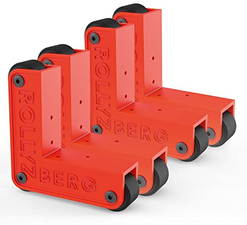 ROLLYZBERG Transport-Rollen - Möbelrollen 2er-Set, Helfer bei Möbeltransporten im Alltag oder beim Umzug, inklusive 2 Zurrgurten und 12 Klebepunkten, max. 50 kg pro Möbeltransport-Rolle, rot