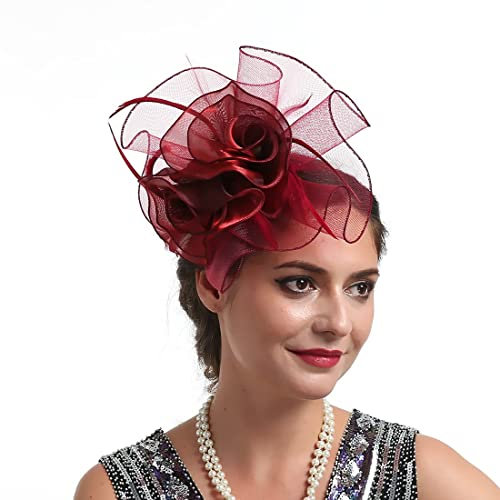 Women's Fascinator Hat With Organza Flower for Wedding, Tea Party, Derby, Ascot - Flapper Pillbox Style With Headband and Hairclips - Wine Red