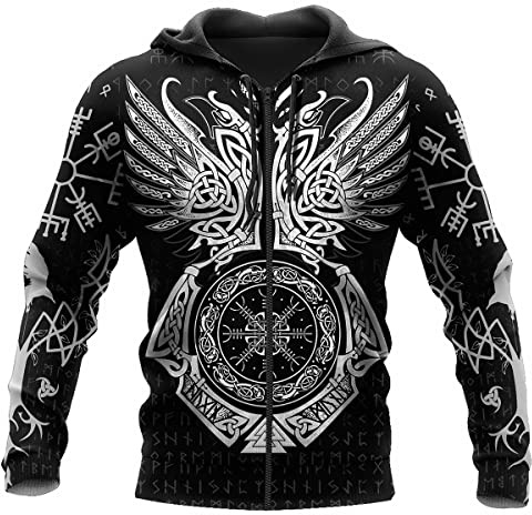 Viking Hoodie 3D Print Norse Mythology Valhalla Long Sleeve Spring Autumn Pullover for Men and Women Cosplay Costume,Helm of Awe Zipper,M