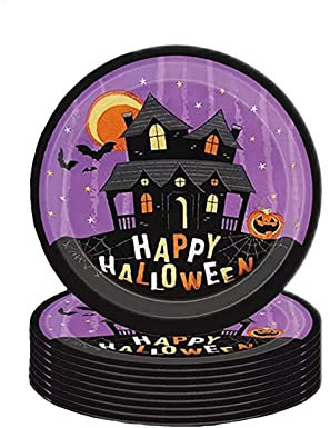 16 piatti di carta per feste di Halloween, 18 cm, decorazione per la tavola di Halloween, motivo luna viola, pipistrello, zucca, piatti di carta usa e getta, piatti di Halloween per feste di
