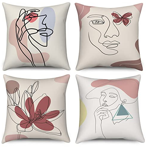 Boho Kissenbezug 40x40 cm 4er Set, Modern Abstrakt Kunst Mädchen Gesicht Blume Sofa Kissen Bezug Dekokissen Kissenbezüge Kissenhülle Waschbar Polyester Flachs Textil Outdoor Polster Kopfkissenbezug