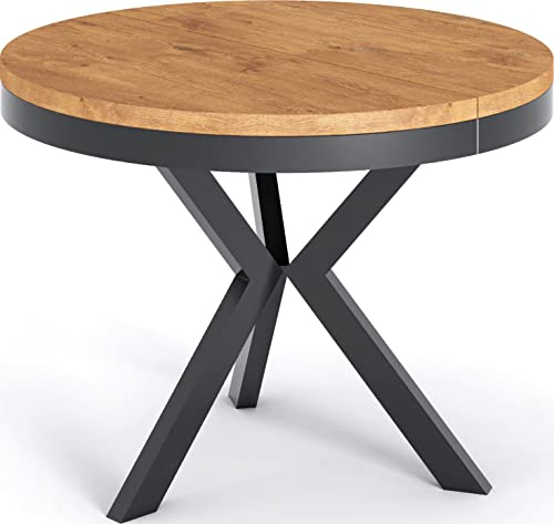 WFL GROUP Runder Ausziehbarer Esstisch im Loft-Stil - Industrieller Tisch mit Schwarzen Metallbeinen - Platzsparender Tisch für Wohnzimmer - Lancelot Eiche - 100 bis 140 cm