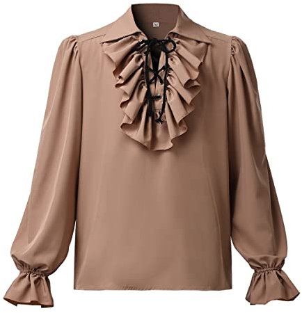 COSDREAMER Mens Renaissance Costume Poets Shirt Medieval Pirate Tops Blouse (Brown, XL)