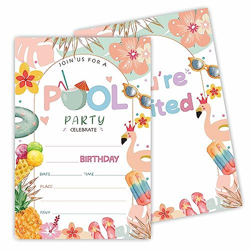 YKYENR Pool-Party-Geburtstagseinladungen – Splish Splash – 20 Einladungskarten mit Umschlägen, Geburtstagsparty, Dekorationen & Zubehör – 11