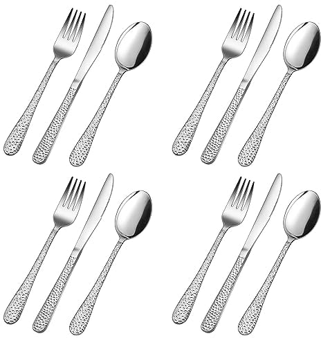 Herogo Kids Cutlery Set, 12 Pieces Stainless Steel Childrens Cutlery Sets, Child Toddler Silverware Include 4 Knives, 4 Forks, 4 Spoons, Proper Size & Smooth Edge, Dishwasher Safe, Hammered Handle
