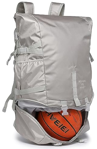KONO Basketball-Rucksack, große Sporttasche mit unterem Ballfach, Ausrüstungstasche für Fußball, Volleyball, Fußball, Fitnessstudio, Schwimmen, Reisen, Outdoor(Grau)