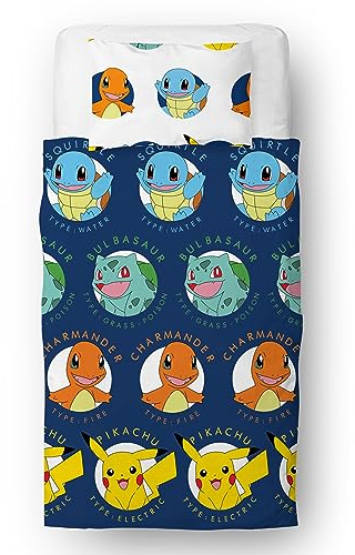 Pokemon Offizielles Lizenzprodukt für Einzelbett, Kinder-Bettwäsche-Set, Pikachu Bulbasaur Charmander Squirtle-Design, wendbar, 2-seitige Bettwäsche mit passendem Kissenbezug, Kinder-Einzelbett-Set