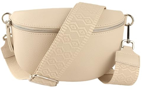 MIRROSI® Bauchtasche Damen, Echtleder, Made in Italy, Umhängetasche, Brusttasche, Crossbody Bag (1 Tasche & 2 Gurte) (Beige (Doppel Raute), Kleine Tasche (22x13x6cm))