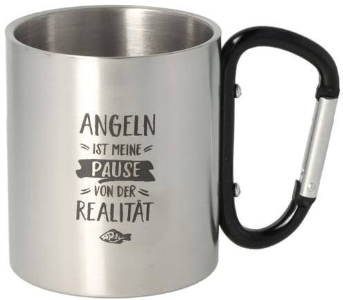Spruchreif | Doppelwandige Edelstahltasse mit Karabinerhaken und hochwertiger Gravur | Bruchfest | Geschenke für Angler | Anglergeschenk | Lustige Geschenkideen für Angler - 300 ml