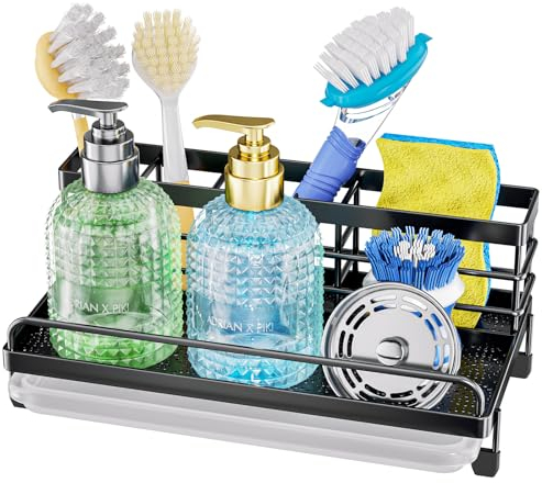 HapiRm Spülbecken Organizer, Küchen Organizer Spüle Organizer mit Abflussschale, Sink Organizer aus Edelstahl für Küche und Bad, Kann Bürsten, Schwämme und Spülmittel Aufbewahren Schwarz