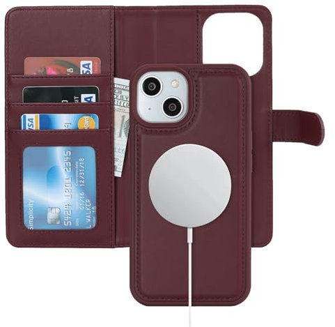 Zouzt for iPhone 13/14 6.1 Inch Detachable Wallet Case with Card Holder for MagSafe, Premium PU Leather 2 in 1 Flip Folio Book Magnetic Stand Protective Phone Cover for iPhone 13/14 - Burgundy