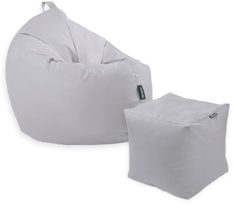 Premium 2-in-1 Sitzsack mit Füllung | Fußhocker | für Kinder & Erwachsene | Outdoor & Indoor | Sitzkissen | Bodenkissen | Wasser- & schmutzabweisend + Sitzpouf 35x35x35cm (Grau, 145 CM + Sitzspouf)