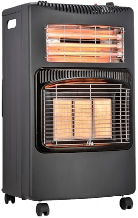AMOS Portable Calor Gas & Electric Heater, 3 Heat Settings, Foldable & Free-Standing with Wheels, Suitable for Indoor and Outdoor Use, Includes Regulator & Hose, Black