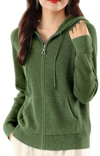 CuLtP Damen Strickjacke Mit Kapuze, Leichte Damen Strickjacke Mit Langen Ärmeln, Reißverschluss, Offener Vorderseite, Lässige Strickjacke Mit Taschen, Strickpullover Cardigan Abdeckungsjacke, Gr