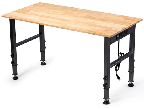 48 Height Adjustable Workbench, 2000 LBS Load Capacity Rubber Wood Top Workstation with Power Outlet and Foot Pads, Heavy-Duty Hardwood Worktable for Garage Workshop (with Foot Pads and Socket,48'')