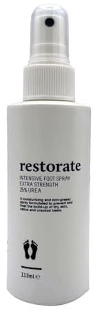 Restorate Intensives Fußspray, 113 ml, No-Touch und nicht fettende Anwendung, von Podologen entworfene, luxuriöse Reparatur für rissige Ferse und Hornhaut, enthält 25 % Urea, Vit B5 und Aloe Vera