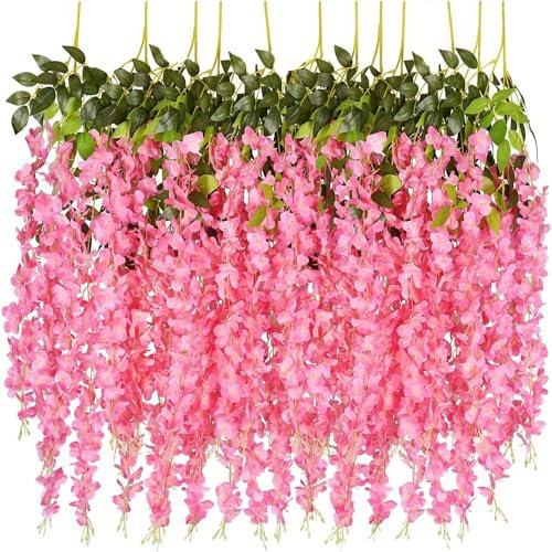 Xshelley 12 Stück (110 cm) künstliche Glyzinien-Ranken, Rattan-Girlande, Seidenblumen, Schnur, Zuhause, Party, Hochzeit, Dekoration (rosa)
