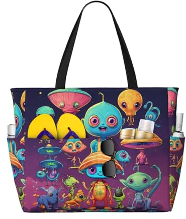 DRTGEDS Astronaut und Alien Strandtasche für Damen, große Sporttasche, Tragetasche für Wochenendreisen, Schwarz, Einheitsgröße