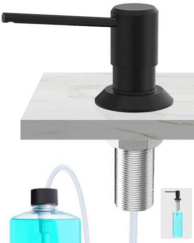 Poveta Dispensador Jabon Cocina, Dosificador Jabon Detergente para Fregadero, Dispensador de Cocina Bajo Encimera con Botella de 300ml y Manguera de 1,2 M, Dispensador Cocina de Cobre, Negro