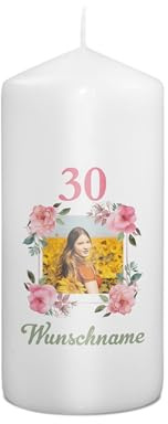 PhotoFancy® - Personalisierte Geburtstagskerze - Fotokerze mit eigenem Foto/Text bedrucken lassen - Kerze mit Geburtstags-Design: Blumen - 15 cm Höhe