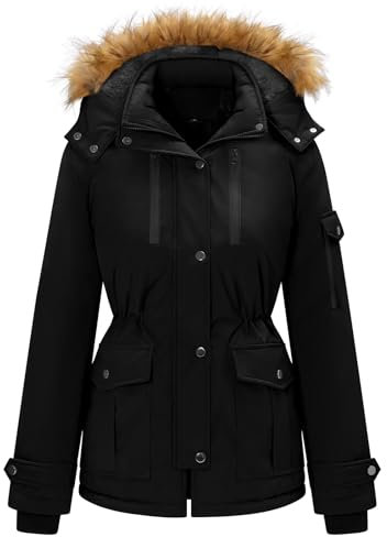 TOMEEK Damen Winterjacke Winter Wintermantel Warm Jacke Gefüttert Mantel Parka Damen-mäntel mit Kapuze Teddyfell Winterparka Skijacke Kurzmantel Outdoor Elegant Fleecejacke(Schwarz,S)