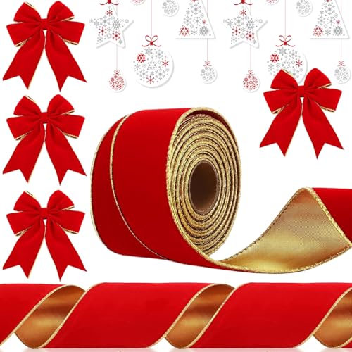 Christmas Ribbon, Christmas Decorations, 9.1m Soft Velvet Ribbons 63mm Xmas Tree Ribbon for Xmas Crafts, Gift Wrapping, Wreath, Top Bows, Sewing Xmas Tree Decorations (Red)