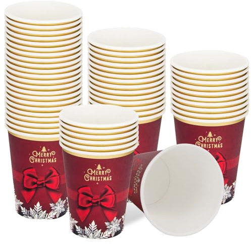 PARTY GO Christmas Cups 60pcs Paper Cups, Xmas Dinner Decorations, 60 Guests Merry Christmas Party Red Holly h:8.5CM