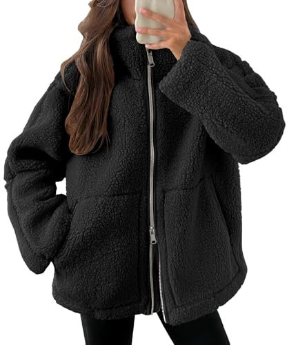 Generisch Black Friday Angebote 2024 Teddyjacke Damen Winter Teddyfleece Jacke Doppelschieber Reißverschluss Winterjacke Thermal Teddy Wintermantel Einfarbig Revers Fleecejacke Flauschig