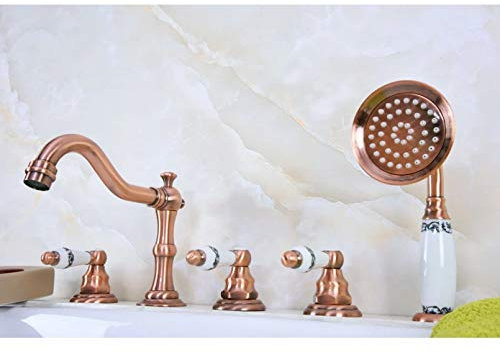 Robinet de baignoire vintage en cuivre rouge avec douchette à main 5 trous large pour salle de bain