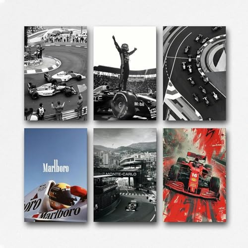 CHIMOSHEJI - Retro F1-Rennfotografie Poster Set, 6 Stück, Schwarz-Weiß, Modern, Wandkunst, Wohnzimmer, Schlafzimmer, Küche