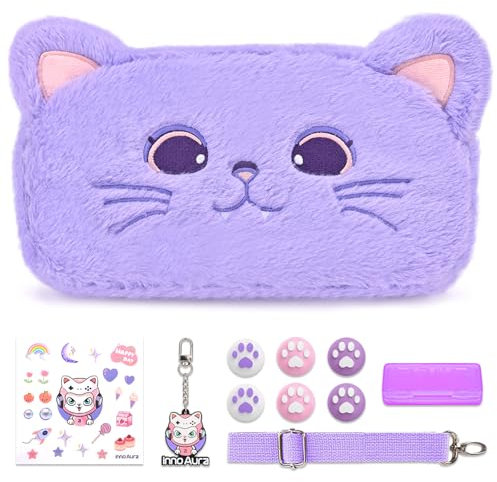 Switch Tasche für NS Switch, innoAura 11 in 1 Switch Zubehör Bundle mit Switch Hülle, Switch Spielespeicherhülle, Switch Daumenkappen, Abnehmbarer Schultergurt, Niedlicher Anhänger (Lila Katze)