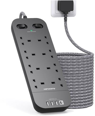 Black Extension Lead 5M, 8 Way Outlets Power Strip with 1800J Surge Protection, Double Switch Plug Extension with 15FT Braided Extension Cable for Home, Dorm Room, Office Accessories