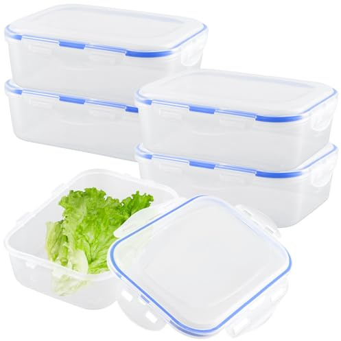 KEILEOHO 5er Set Frischhaltedosen Kunststoff 1100 ml, Gefrierboxen Frischhalteboxen mit Deckel, Vorratsdosen Gefrierbehälter Stapelbar Transparent für Küche, Kühlschrank, 20,3 x 14,7 x 6,5 cm
