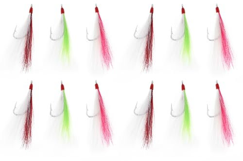 Briny River 12 Stück Bucktail-Teaser-Angelhaken Salzwasser-Flunder-Rig Angelhaken aus Edelstahl 96 Mm 3 G Bucktail-Mylar-Teaser Eingesetzt für Wels Kabeljau Flunder