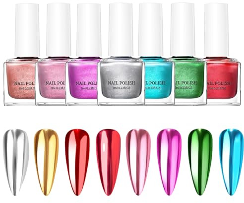 Metallic Nagellack 8 Colors, Spiegel Glitzer Nagellack, Spiegel Mirror Effect, Trocknet Schnell an Der Luft, Fingernagel Kunstbedarf, Schillernd, Gold, Silber Usw, Ohne UV, Für Zuhause, 7mlx8