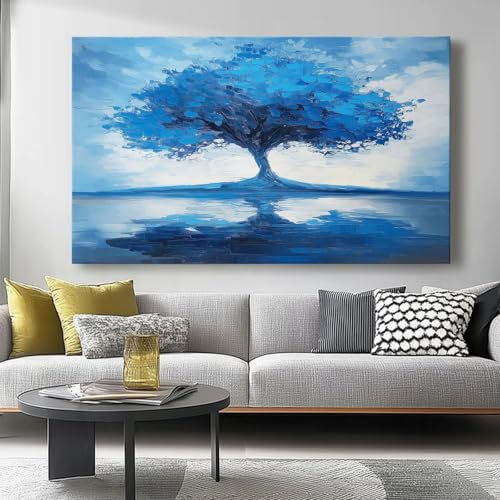 Impression sur Toile Decoration Murale Peinture 120L x50l cm Tableaux Art Décoratif Muraux Décoration Chambre Arbre de Vie Abstrait Couleurs Froides Abstrait - Moderne Bleu blanc