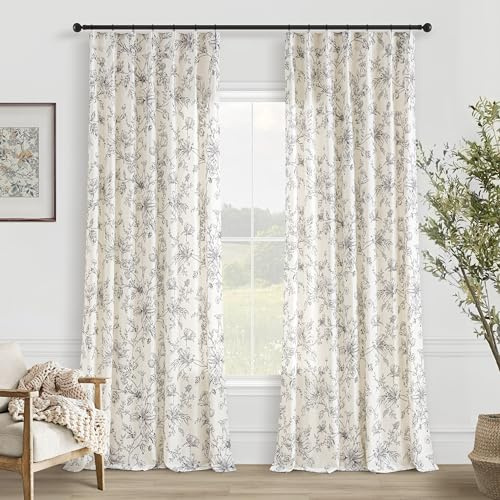 Vintage-Vorhänge mit Blumenmuster, 244 cm lang, für Wohnzimmer, Quetschfalten, schwarz, botanisch Gemustert, Bedruckt, Jute, Boho, Landhausstil, Shabby-Chic, halbtransparente Leinen-Vorhänge für