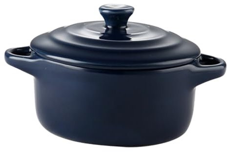 KICHOUSE 230ml Double Handle Ceramic Microwave Bowl with Lid Dark Blue for Home Kitchen Stews and Soups