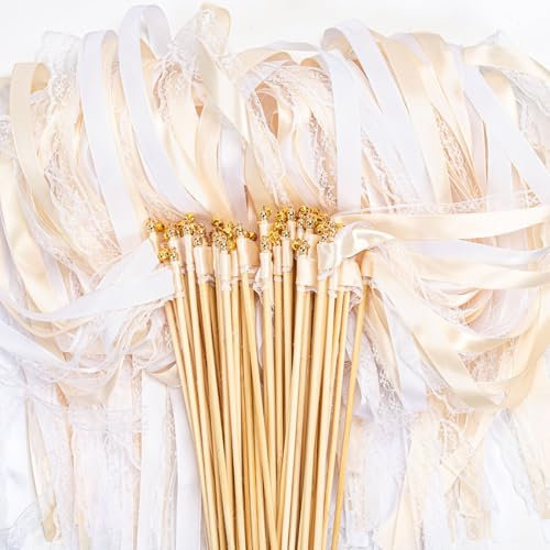 50 Stück Wedding Wands, Wedding Wands Sitzplan Hochzeit Luftschlangen mit Groß Glöckchen und Hochzeitsbändern, Zauberstäbe Seidenfeenstab für Hochzeiten, Geburtstage,Feiertagsfeiern (Beige)
