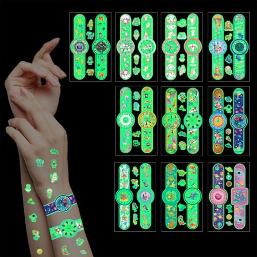 10 Bögen Kinderuhren-Tattoos, leuchtende temporäre Tattoos, lustige Neon-Aufkleber, sicher und wasserfest, Party-Geschenke für Jungen und Mädchen, Halloween-Kostüm-Accessoires