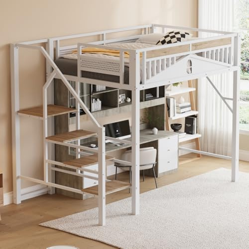 Wyibwy Cama alta de 140 x 200 cm con escaleras y contenedor, cama de metal para cama de matrimonio con ventana y barandilla de protección única, espacio debajo, estructura de cama de 140 x 200 cm