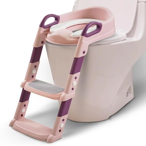 Taylor & Brown Adjustable Potty Ladder Seat for Toilet Training with Steps, Handle & Soft Cushion Anti-Slip Stool for Toddlers & Children Unisex Foldable & Easy Assembly Splash Guard Included (Pink)
