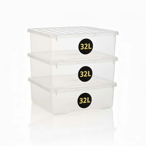 Zyora 32L Clear Plastic Storage Boxes with Lids – 32 Litre Under Bed Stackable Containers for Living Room, Bedroom, Garage, Kitchen – Home Storage Solutions – 60cm x 40cm x 18cm
