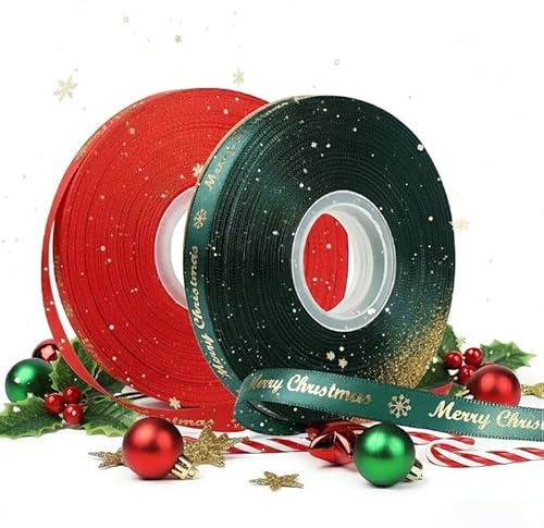 2 Rouleaux Ruban de Noël:10 mm × 100 Yards, Polyester avec Motif de Merry Christmas à Chaud, Idéal pour Emballage Cadeau, Décorations de Fête et Créations Artisanales