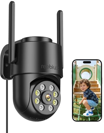 Reobiux Camera Exterieur,Camera Surveillance WiFi 2.4G,2K,PTZ,Vision Nocturne Couleur,Audio Bidirectionnel,Détection Humaine,Alarme,USB,Interieur,Câble 3 m pour Jardin/Garage/Porte d’entrée