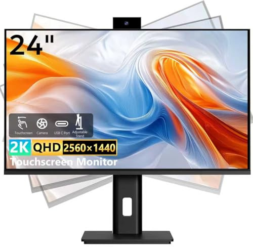 Pisichen Touchscreen Monitor 24 Inch Full HD 2560x1440P @100Hz 10-Point Multi Touch Screen PC Monitor with Camera, HDMI VGA USB Port, Built-in Speakers
