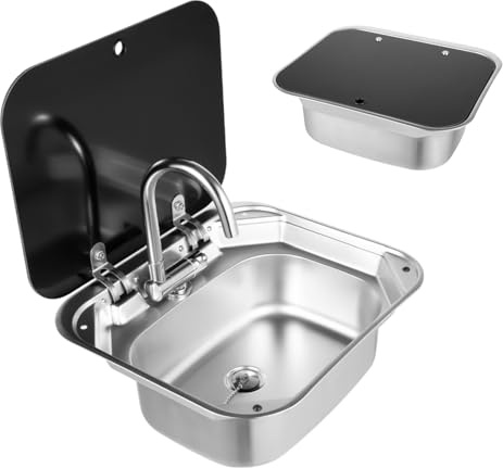 HuKaiL RV Camping Waschbecken mit Deckel & Warm-Kalt Wasserhahn, Edelstahl Rechteckig Camping Spüle Bausatz für RV Wohnwagen, Wohnmobil, Kleine Küchen, 49 * 41 * 18cm