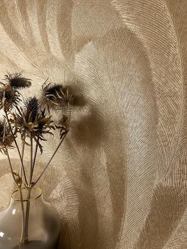 Newroom Papier Peint Intissé Doré Palmier Salon Chambre Glamour | Reflets métalliques champagne, structure plume gaufrée, Art Déco, papier peint floral, décoration murale, salle à manger