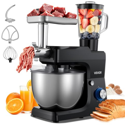 VEVOR Robot Pâtissier et Culinaire 7,8 L, Batteur sur Socle 1500 W avec Fonction Hachoir à Viande et Blender de 1,5 L, Batteur Mixeur 6 Vitesses avec Pulse, Bol en Inox, Mélange Fouettage Pétrissage